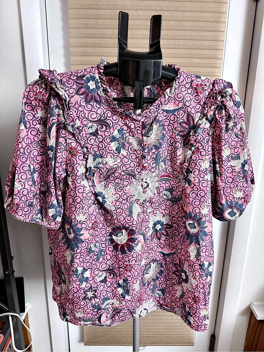 Cottagecore Boho Chic charming LOFT Pink Floral Puff-Sleeve Peasant Blouse M